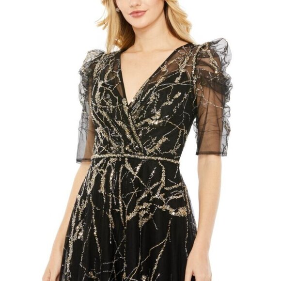 New Mac Duggal 20428 EMBELLISHED GATHERED Puff Sleeve Faux Wrap Gown 8 $798 - Picture 4 of 6